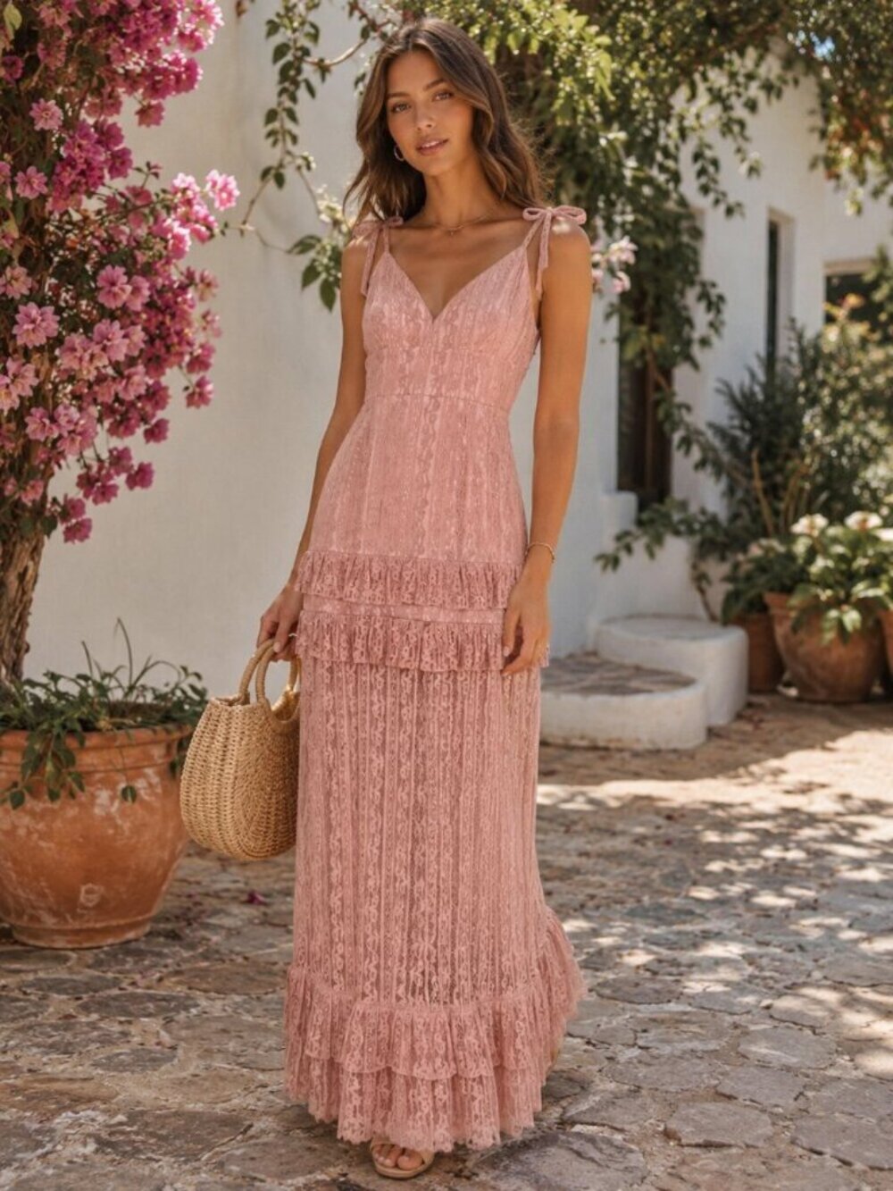 NWT BELLEVUE THE LABEL Florence Lace Maxi Dress in Dusty Pink